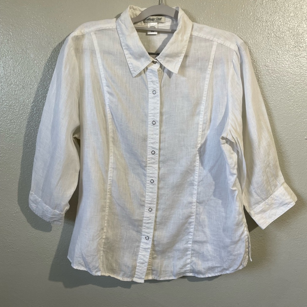 Linen Roll Sleeve Textured Button Shirt Top Layer PXL Everyday Coldwater Creek